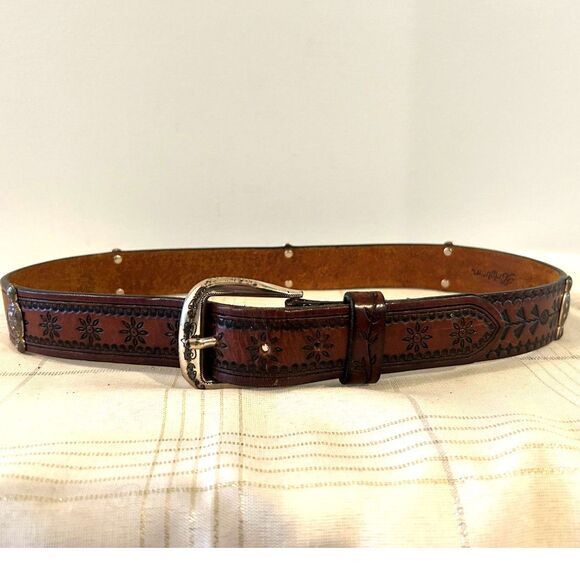 Brighton Vintage Brown Hand-Tooled Leather Belt - Size Large - Picture 3 of 6